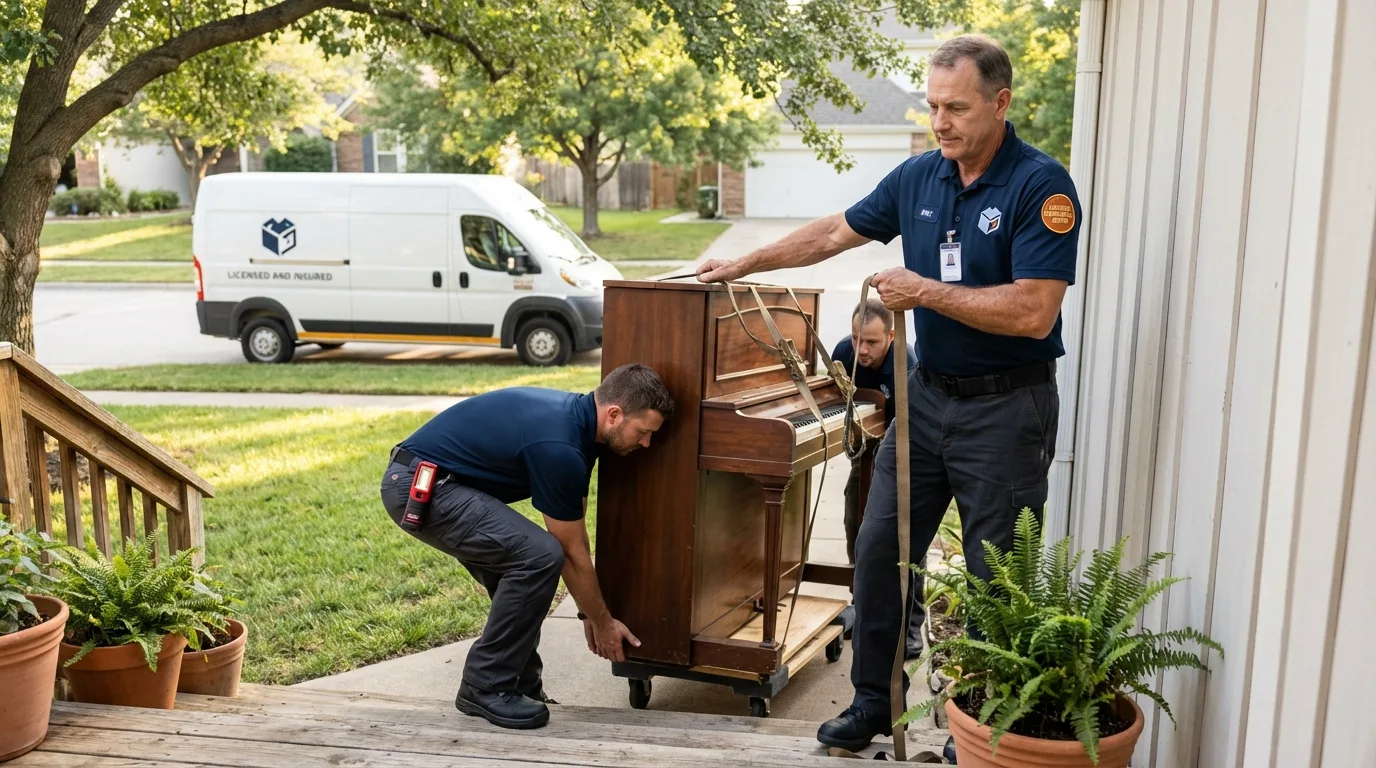 Licensed piano movers securing grand piano in Manly, IA