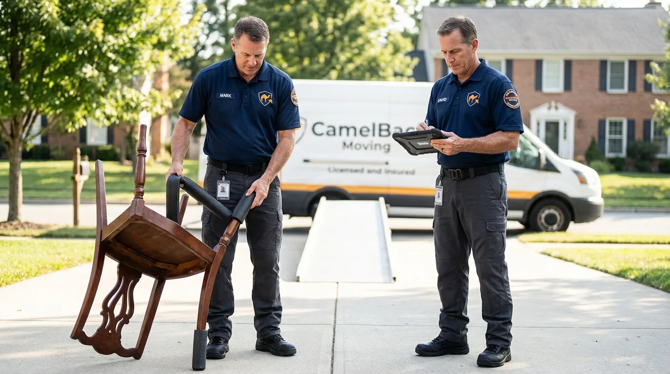 Movers inspecting furniture for damage prevention before loading in Manly, IA