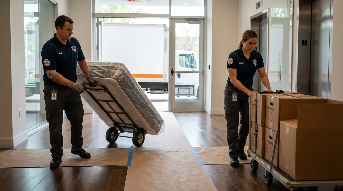 Professional apartment movers loading elevator in Manly, IA