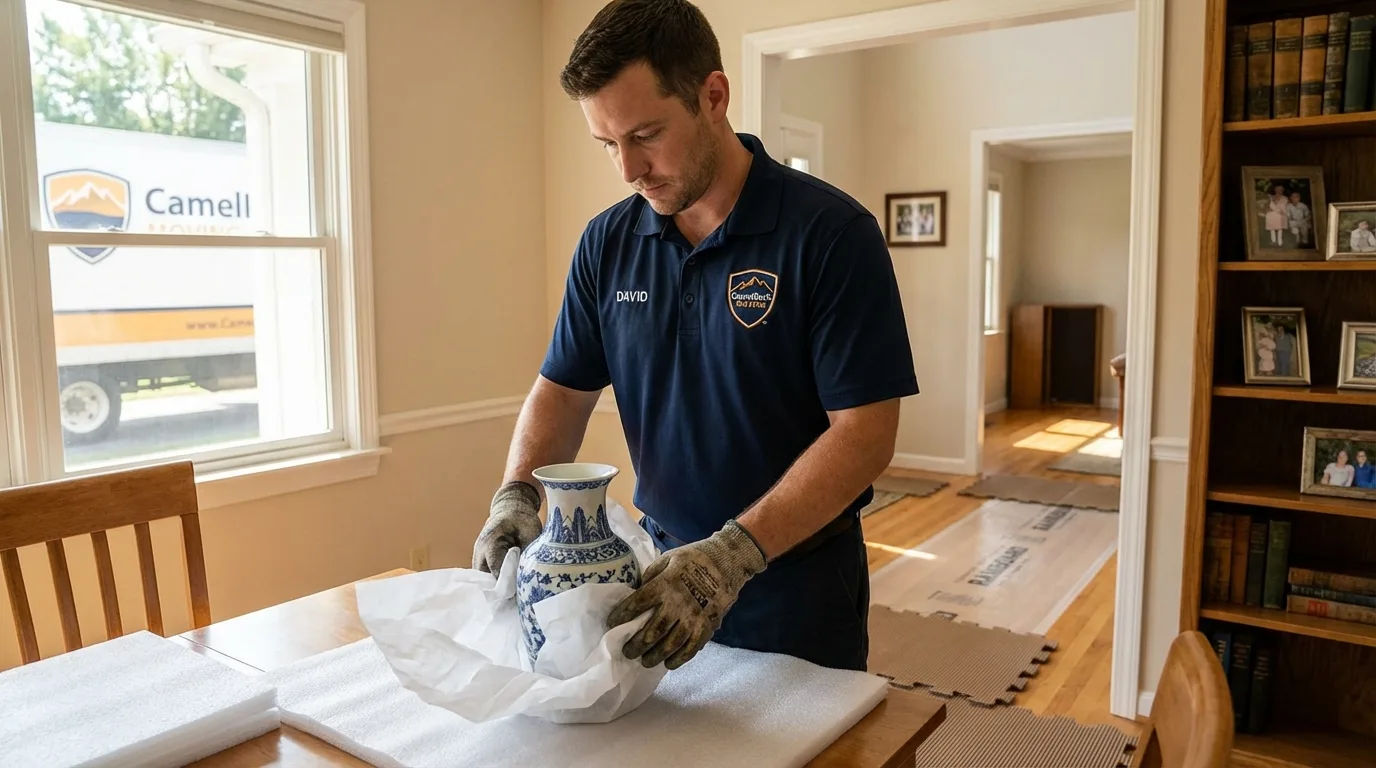 Professional crew carefully wrapping antique vase for senior downsizing move in Manly, IA