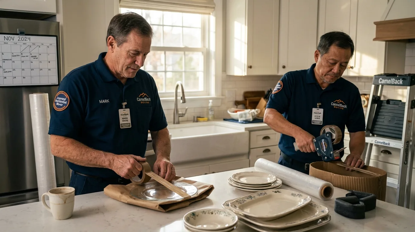 Professional crew packing kitchen dishware in Manly, IA